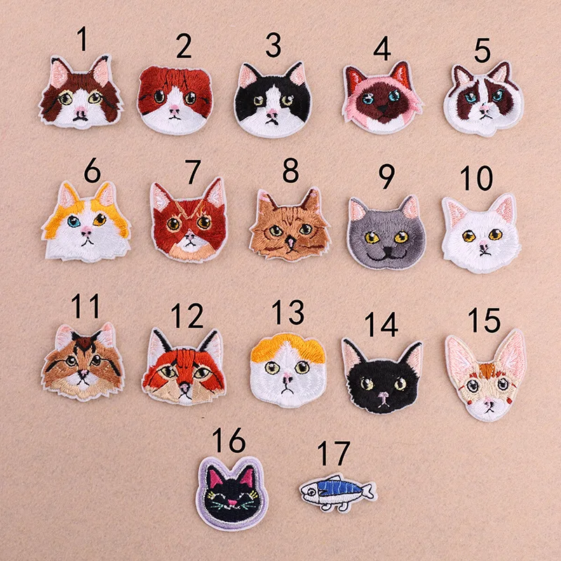 10 PCS AHYONNIEX Cute Cat Head And Fish Series Patches Embroidery Fashion Iron On Fabric Stickers Clothing Bags Accessories