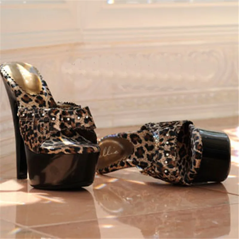 15cm high heels, bowknot decoration, banquet slippers on stage, leopard print PU materials, sexy slippers