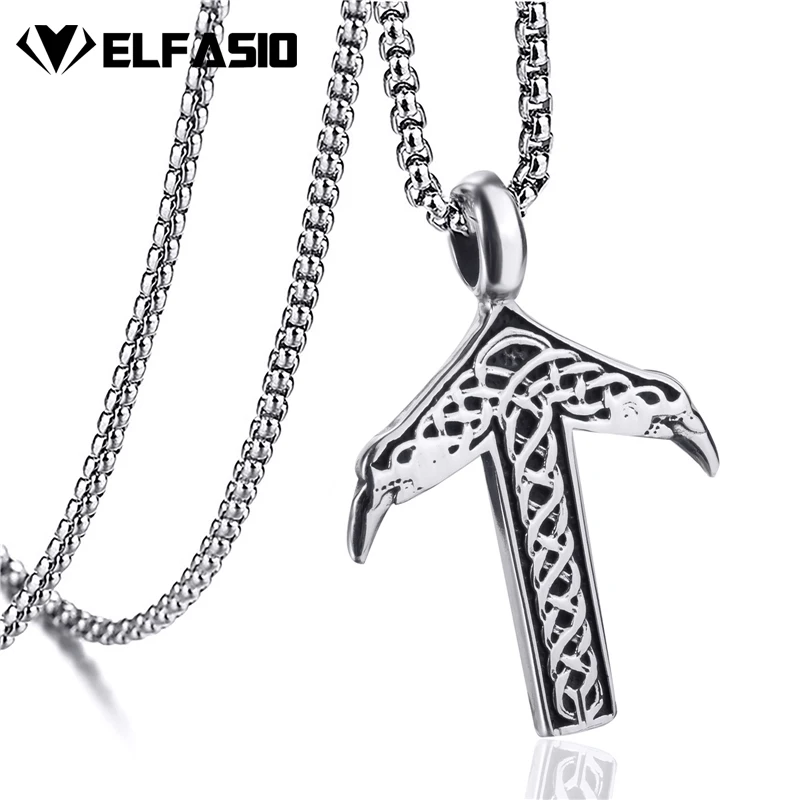 Elfasio Mens Stainless Steel Chain Viking text Silver Pendant with 45-90cm Necklace Jewelry