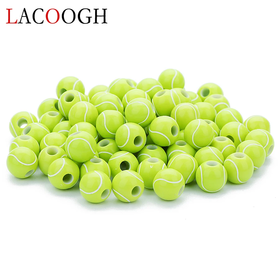 New Wholesale Sporty 50pcs 12mm Green Acrylic Beads Tennis Ball Spacer Beads With 4mm Hole for DIY Bracelets Jewelry Making