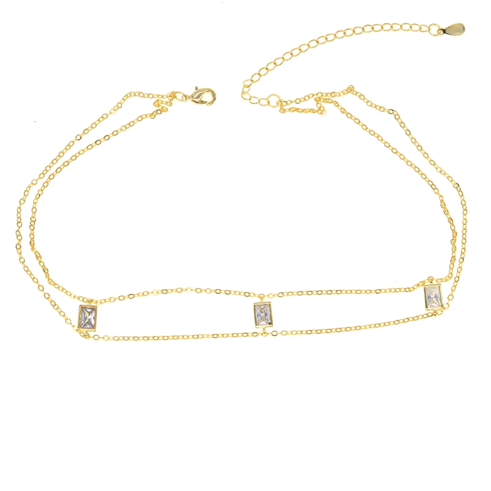 2021 new arrive AAA clear rectangle cubic zirconia short chain 33+7cm choker chocker cz double chain necklace