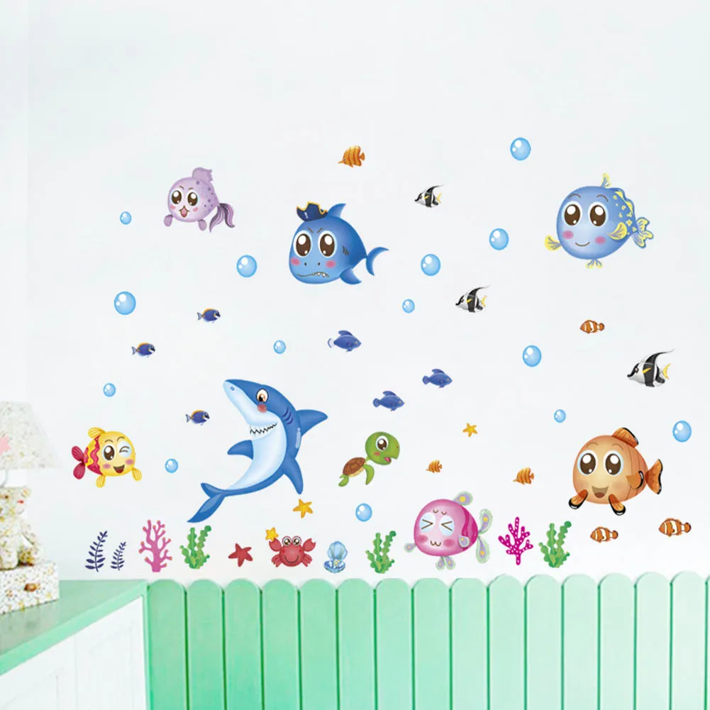 Undersea fish and shark Wall Sticker Cartoon Wall Sticker For Kids Rooms Bathroom Home Decor Nursery quarto Decals Poster