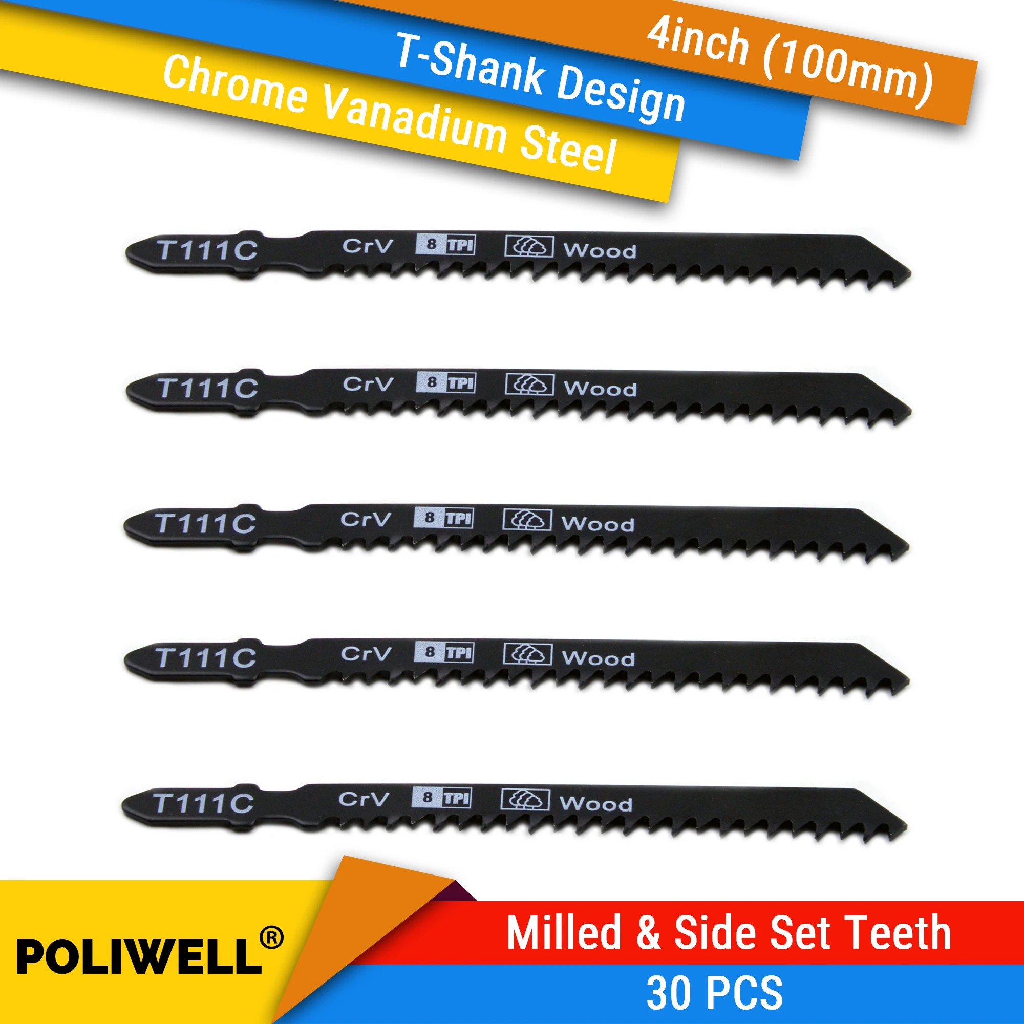 

30PCS T111C T-Shank Milled & Side Set Teeth Jig Saw Blades for Woodworking Reciprocating Saw Blade Set 4 Inch 100mm for Jig Saws