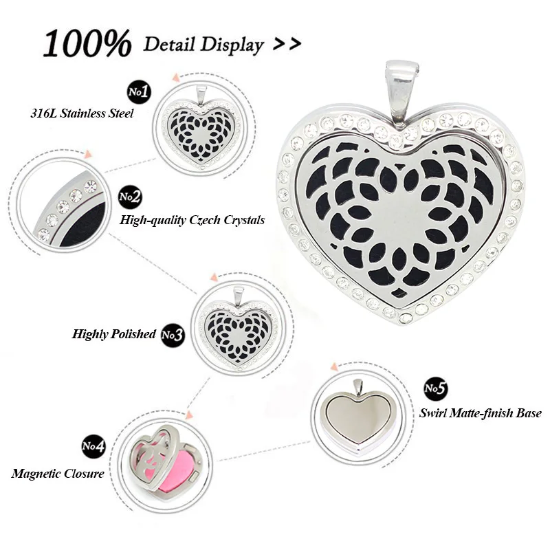 With Chain as Gift! Hot heart shape magnetic 316L Stainless steel diffuser locket aromatherapy necklace perfume locket