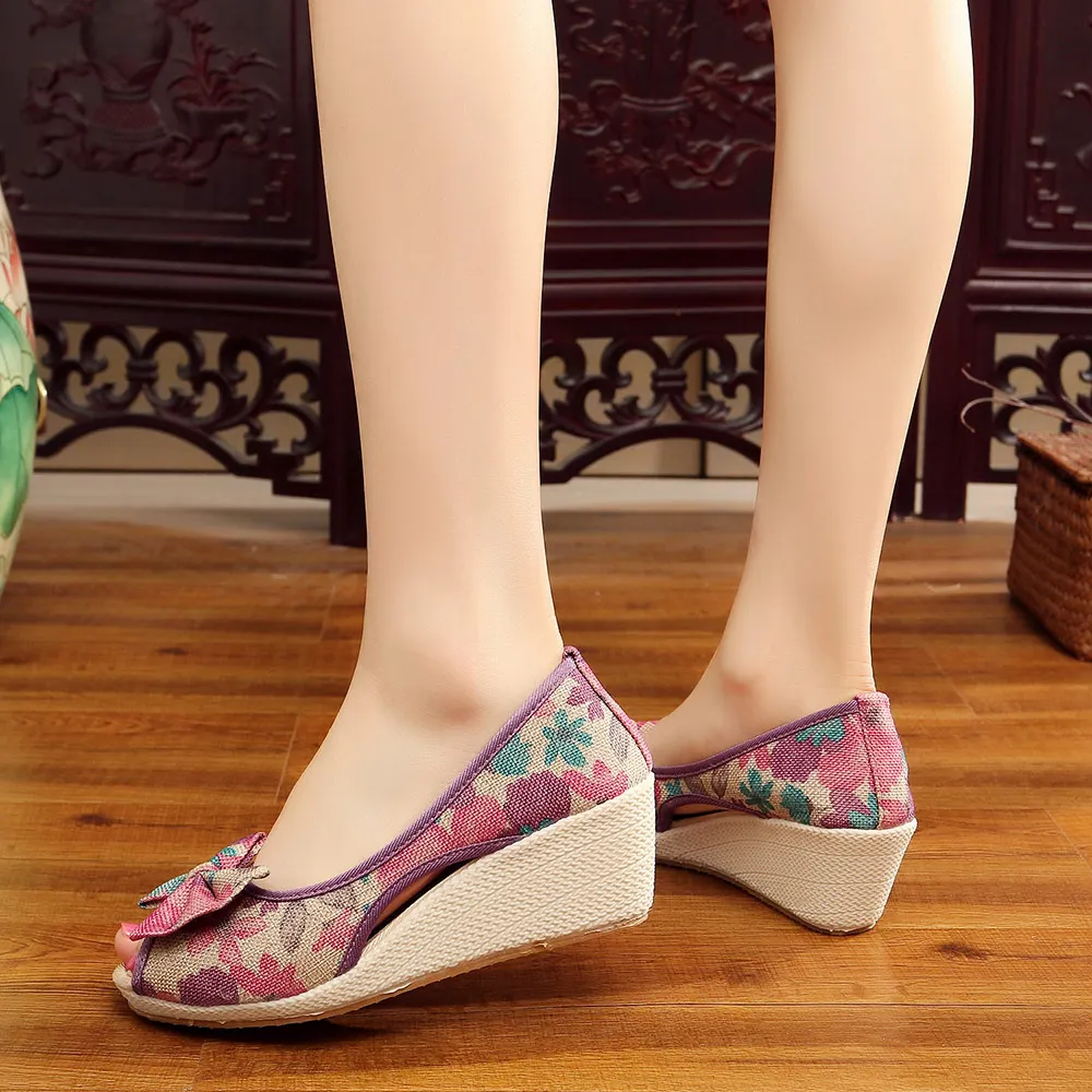 Veowalk Women Linen Bowknot Floral Linen Wedge espadrilles Sandals Handmade Peep Toe Summer Mid Heel Shoes for Elegant Ladies