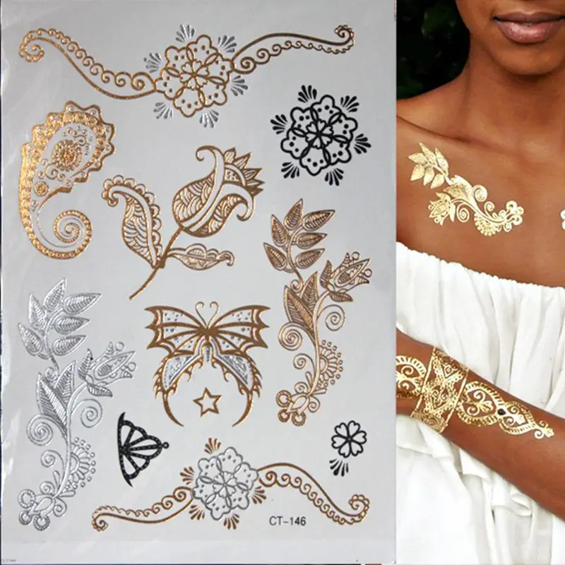 Hot Flash Metallic Waterproof Temporary Tattoo Gold Silver Tatoo Women Henna Flower Taty Design Tattoo Sticker