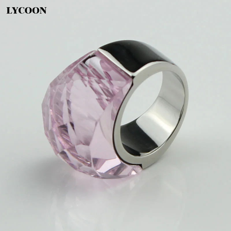 Hot!! LYCOON Latest Fashion Jewelry big crystal Rings 316L Stainless steel with transparent pink crystal ring for women R0614