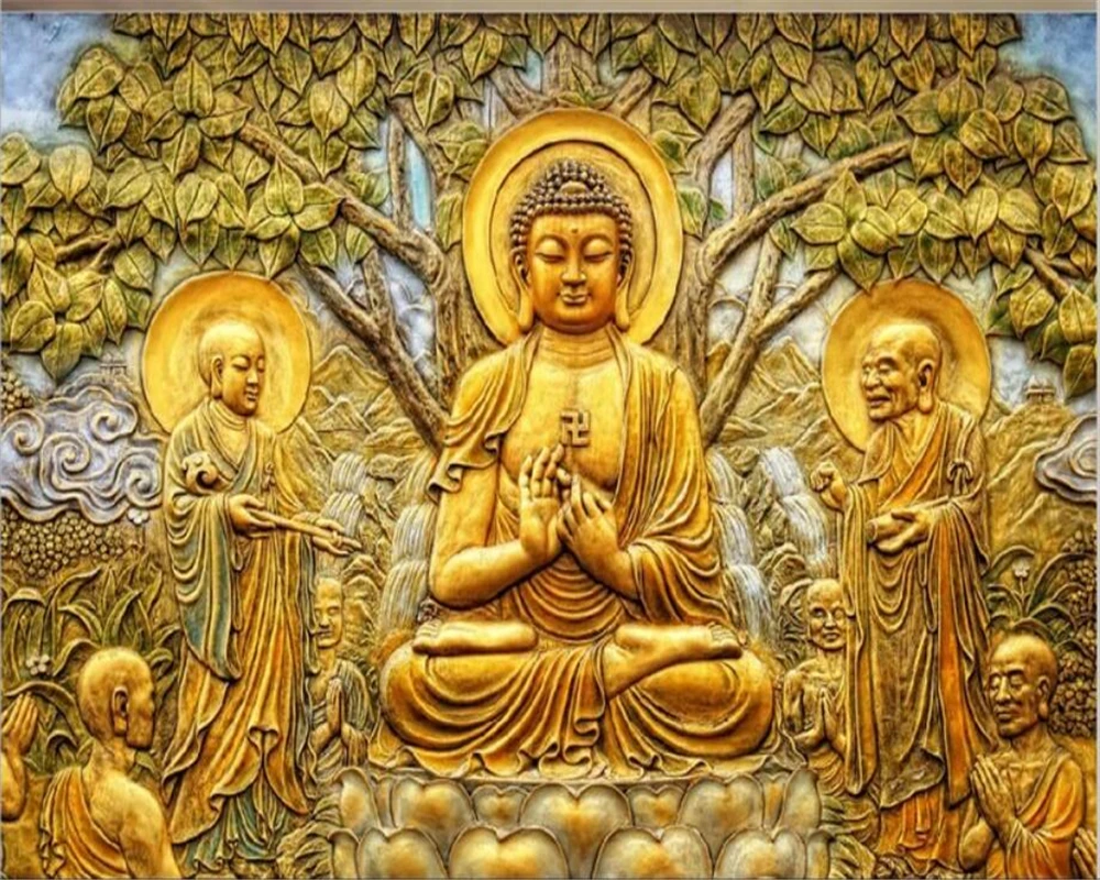 

Beibehang Custom wallpaper Golden relief linden tree Buddha TV background wall Living room bedroom background mural 3d wallpaper