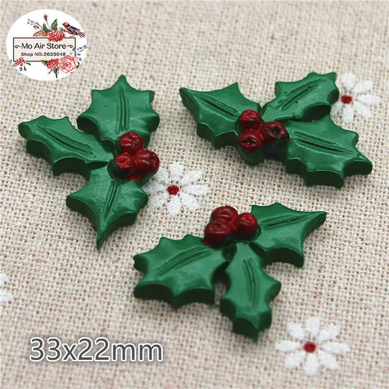

10pcs Resin kawaii Christmas Holly leaf flat back Cabochon Art Decoration Charm 33x22mm