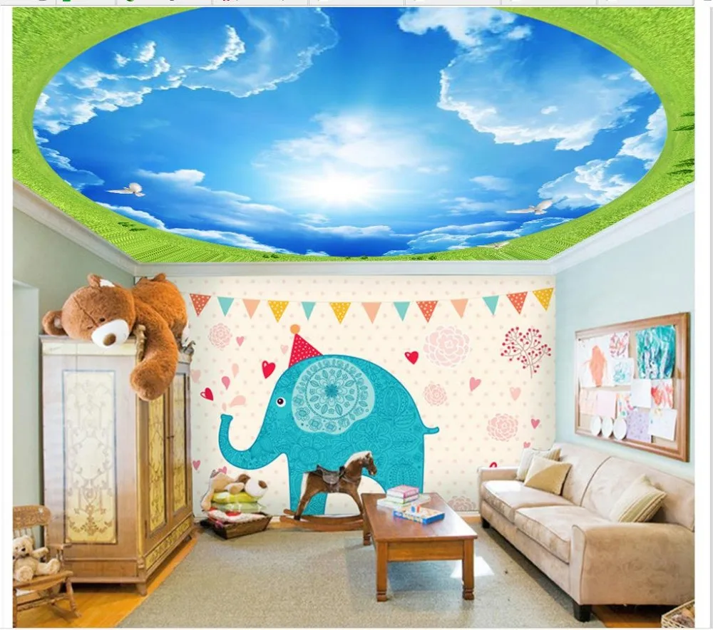 

Blue sky, green grass pigeon sky ceiling 3d wallpaper modern for living room murals Wall Decoration