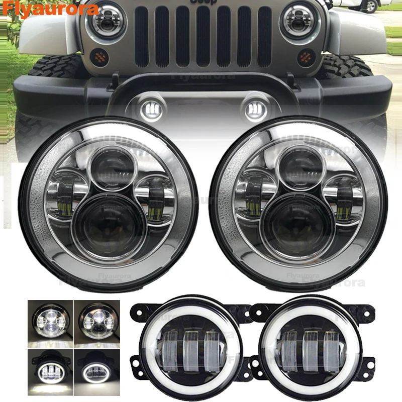 

Flyaurora 1 set 7 inch LED Headlight DRL W/ Turn Signal 4 inch fog light for 97-17 Jeep Wrangler JK TJ & Wrangler Unlimited