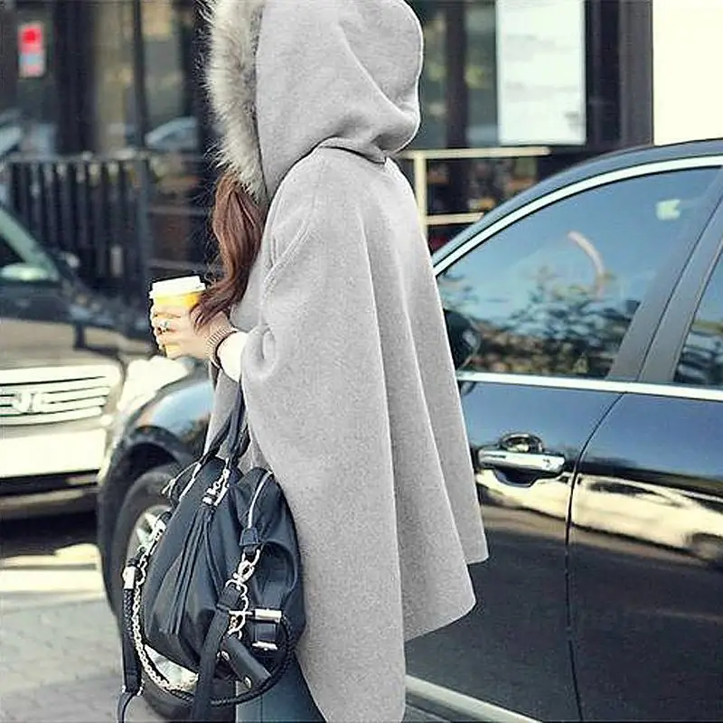 Fashion Cape Ponchos Women Autumn Batwing Cloak Coat Ladies Long Woolen Winter Hooded Coat Casual Overcoat High Quality Laipelar