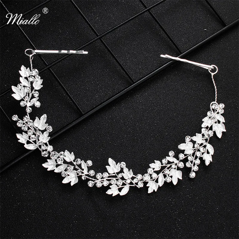 Miallo Newest White Crystal Alloy Leaves Hair Vine Bridal Head Ornaments Wedding Hair Jewelry Accessories Tiaras and Crowns