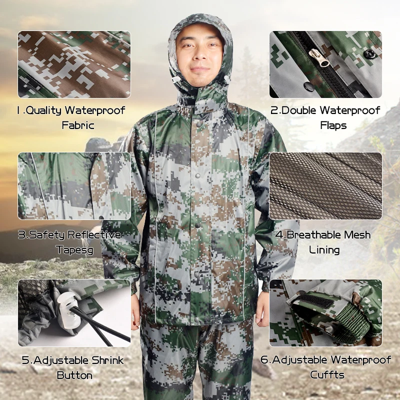 QIAN Impermeable Raincoats Women/Men Suit Rain Coat Outdoor Hood Camouflage Motorcycle Raincoat Camping Fishing Rain Gear Poncho