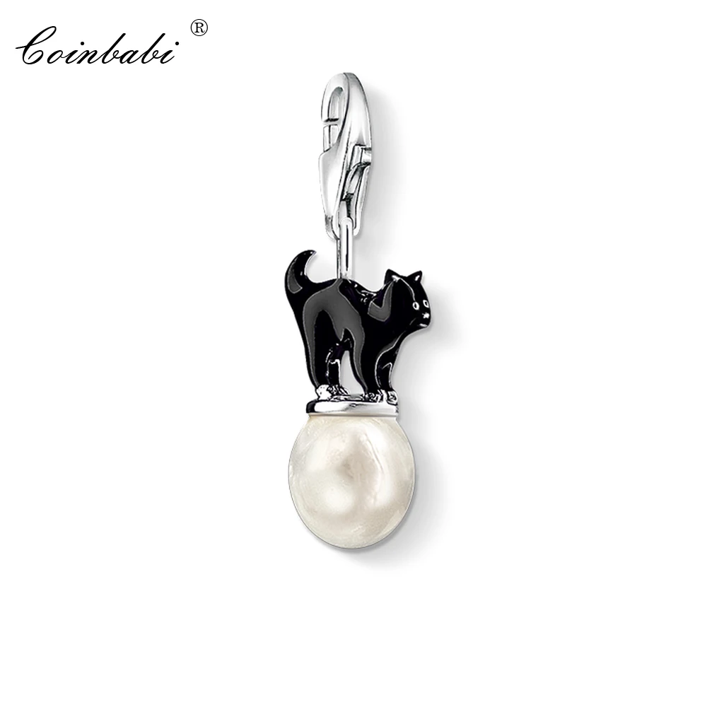 

Charm Pendant Black Katze Cat on Pearl,2018 Fashion Jewelry Trendy Pure 925 Sterling Silver Gift For Women Fit Bracelet Necklace