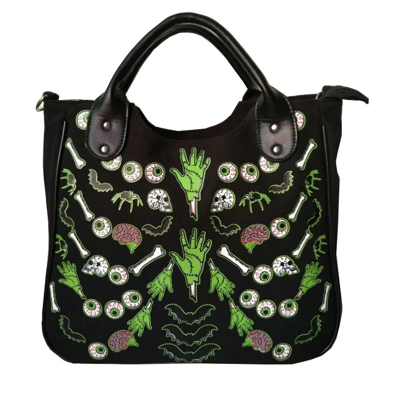 JIEROTYX Cartoon Gothic Bag Women Canvas Handbag Female Casual Floral Printing Casual Totes Women Punk Bags High Quality