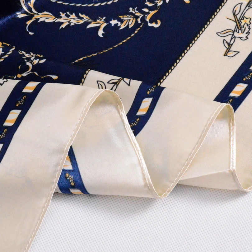 [BYSIFA] Navy Blue Beige Female Satin Silk Scarf Shawl Fashion Accessories Women Chain Flowers Pattern Autumn Winter Scarves