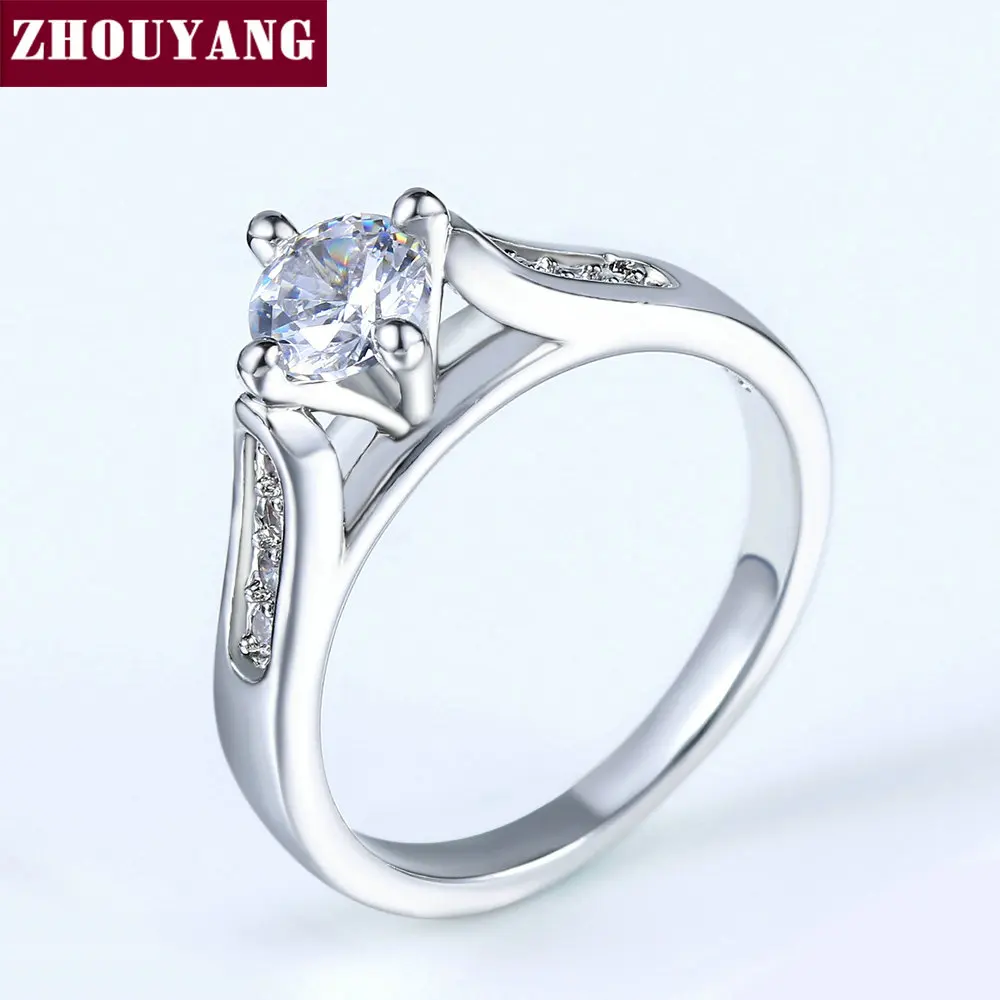 ZHOUYANG Engagement Wedding Ring For Women Classic Prong Setting CZ  Rose Gold Color Fashion Jewelry Lover\'s Ring R064 R065