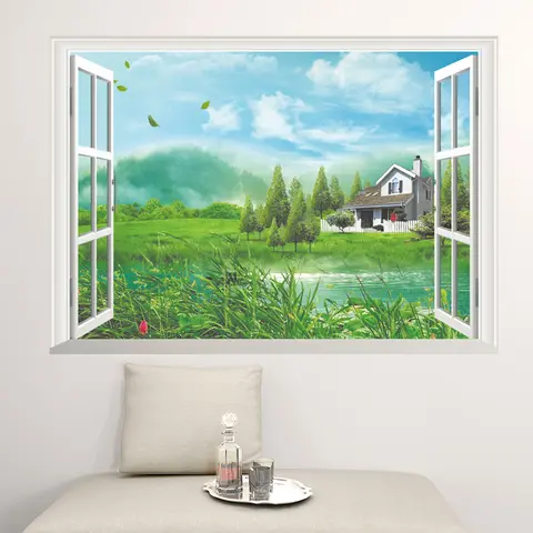 3D Window  Forest Landscape in Four Seasons 3D Wall Sticker Green Tree Removable Wallpaper Home Decal Home Decor