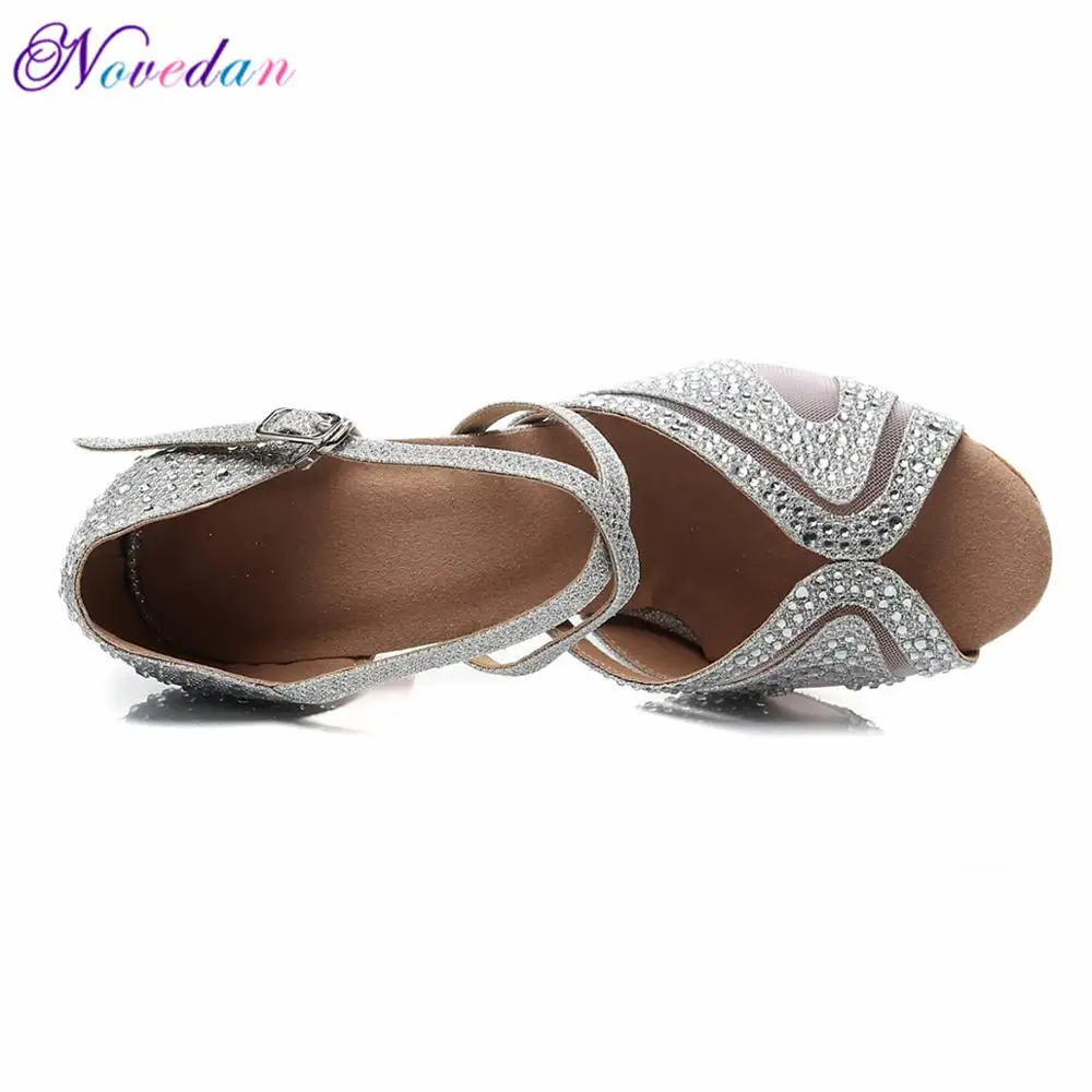 Latin Dance Shoes Women Rhinestone Glitter Salsa Ballroom Sandals Party Dancing Shoes High Heels 9cm Silver White