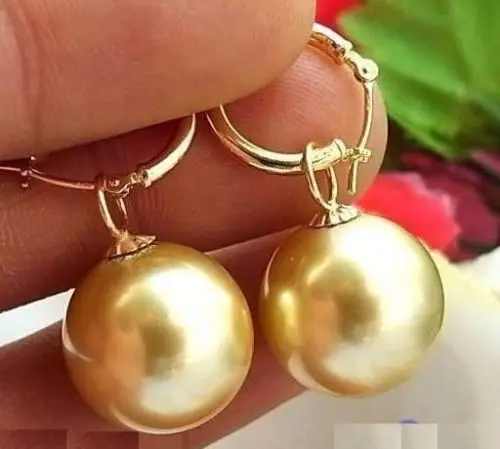 

Hot selling free shipping******** HUGE 16MM GOLD ROUND AAA++ SOUTH SEA SHELL PEARL DANGLE EARRING