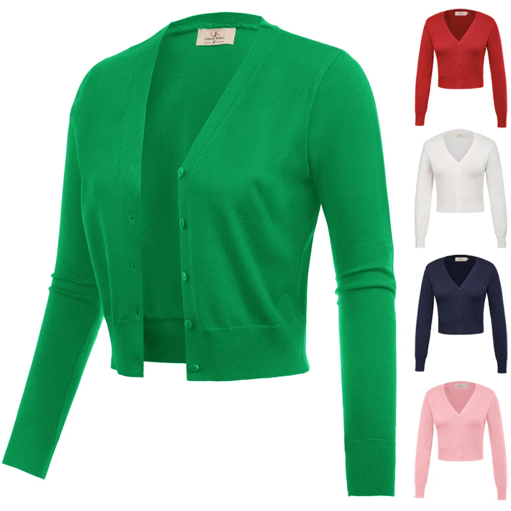 GRACE KARIN Cardigan corto da donna scollo a v abbottonatura frontale aperto a costine maglia coprispalle maglione maglieria in cotone cappotto lavorato a maglia A20