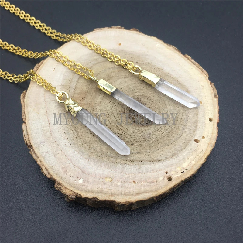 

MY0914 Clear Crystal Quartz Prismatic Pendant Pencil Point Charm Gold Electroplated Chain Necklace