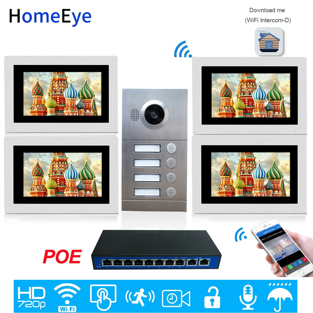 

4-Family Door Access Control System 720P 7'' WiFi IP Video Door Phone Video Intercom iOS/Android APP Remote Unlock POE Supported