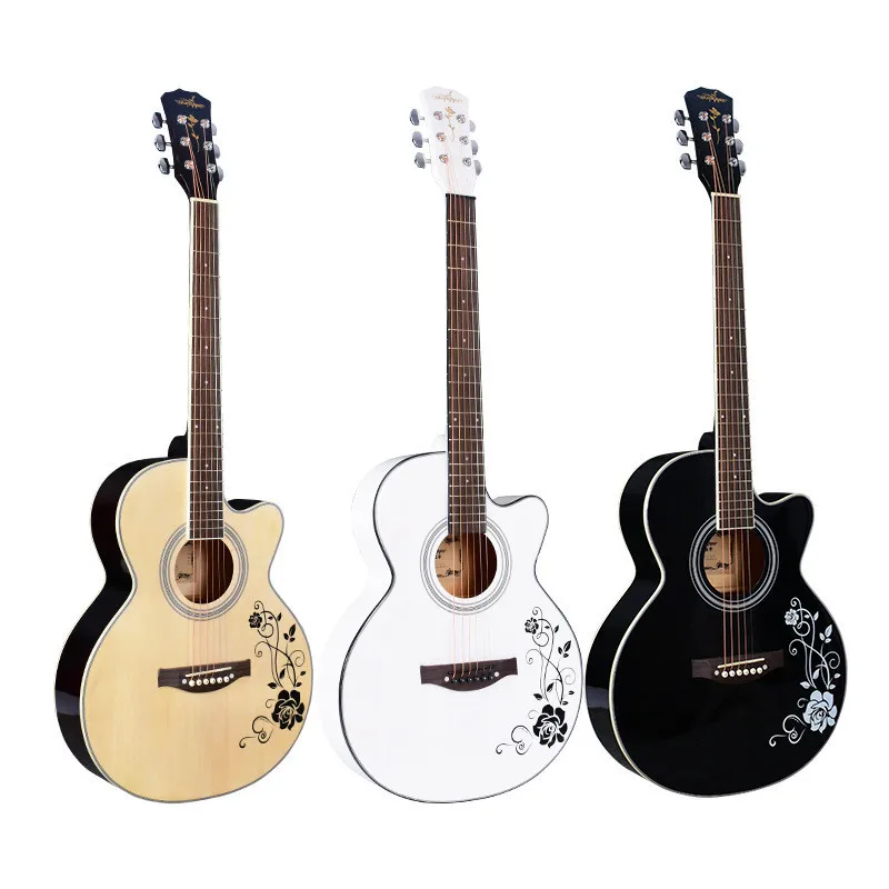 40 Zoll Weiß-Schwarze Akustikgitarre mit Holzkorpus aus Lindenholz, Griffbrett aus Palisander, inklusive Stimmgerät und Saiten – Detail 1