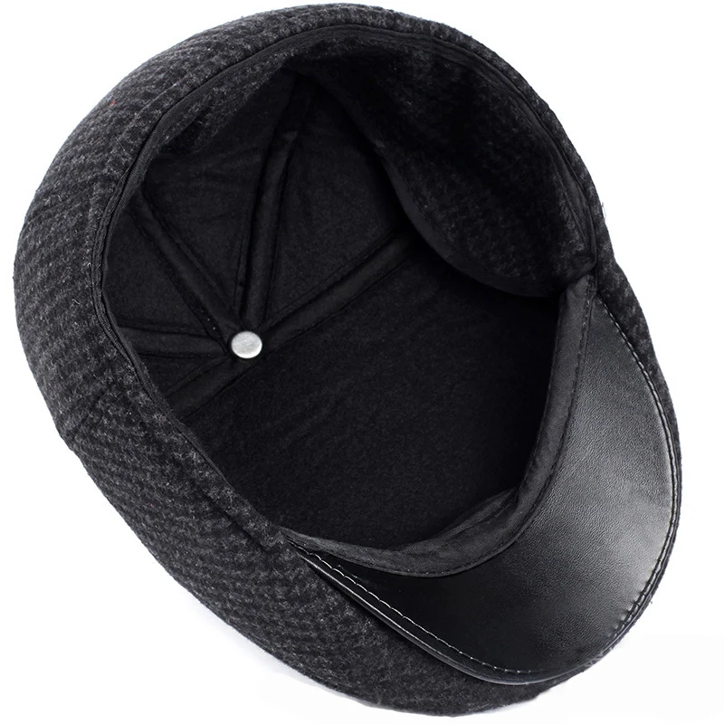 HT1847 Classic Man Cap Autumn Winter Hat with Ear Flap Elder Man Male Dad Hat Warm   Flat Cap Wool Blend Men Beret Cap