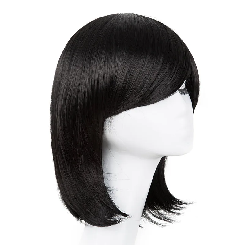 Carnival Wig Fei-Show Synthetic Heat Resistant Inclined Bangs Hair Short Black Wavy Halloween Hair Costume Cos-play Hairpiece