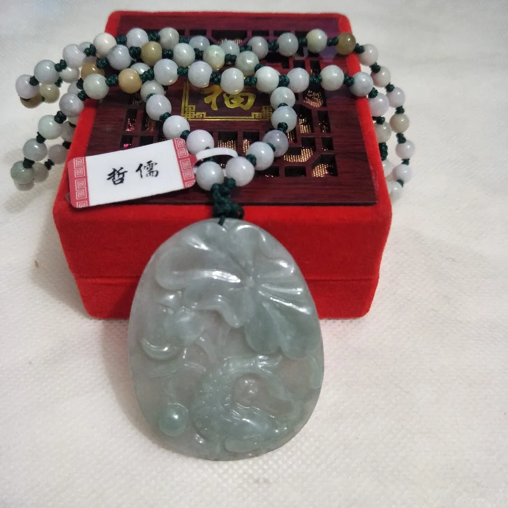 Zheru Jewelry Pure Natural Jadeite Light Green Lotus Fish Pendant Tricolor Jadeite Bead Necklace A-level National Certificate