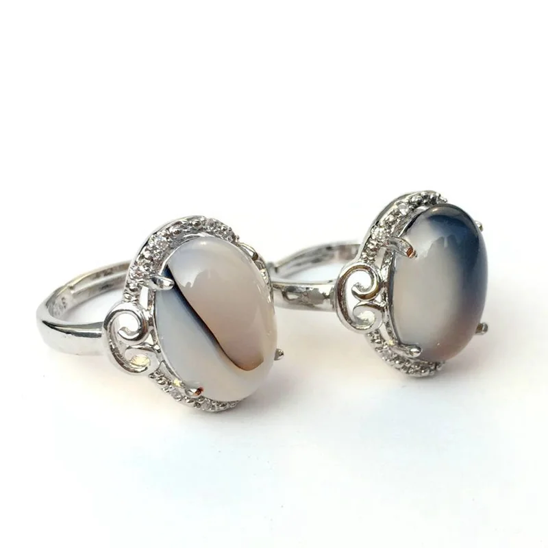 Silver-Plated Oval Crystal Ring for Women, Natural Agate Patterns, Adjustable Chalcedony Ring, Fashionable Jewelry, 1Pc