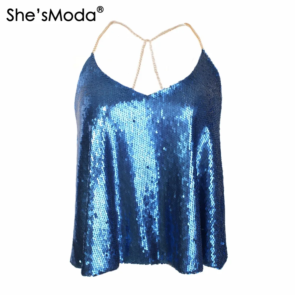 

She'sModa Sequins A-line Metal Chain Cross Top Women's Club Party Halter Tank Loose Camis Vest