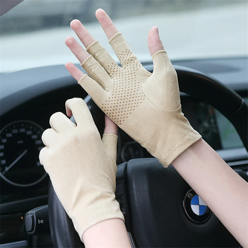 Suede Sunscreen Gloves Men and Women Summer Thin Short Half Finger Driving Anti-Slip Sweat Gloves 5-SZ007W