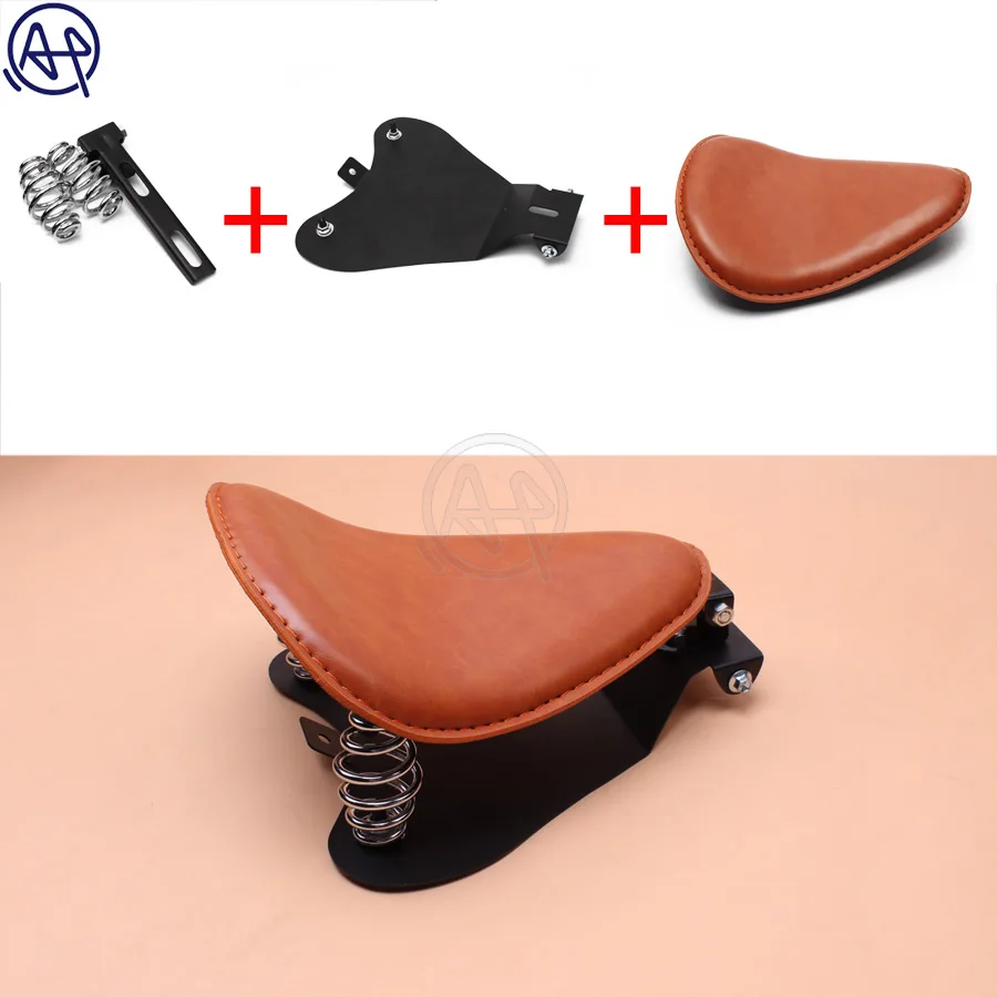 

1pc Motorcycle Retro Brown Pu Leather Skull Logo Solo Seat+3" Spring Bracket Mounting Base Kit For Bobber Saddle Seat Cafe Racer