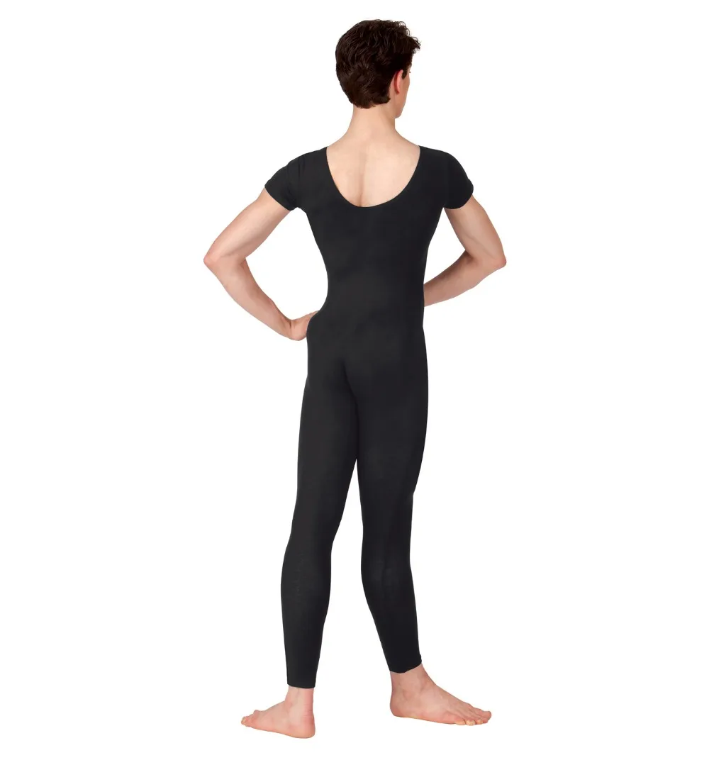 Plus Size Scoop Neck Full Length Spandex Black Mens Short Sleeve Unitard Tights Gymnastics Footless Dancewear Costume