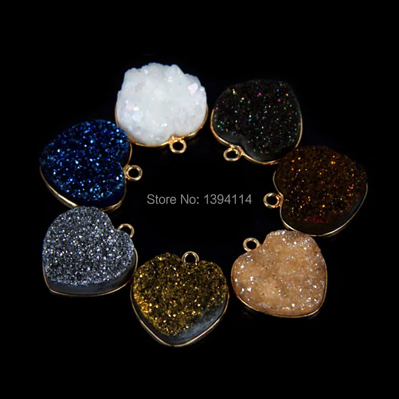 

Mixed Colors Crystal Druzy Heart Pendant Bezel Setting Gold Plated Approx 20*20mm