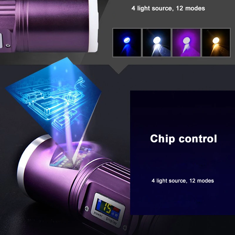 Rechargeable Fishing LED flashlight 4 x Q5 LED waterproof torch blue/purple/yellow/white light 12 modes with DC charger