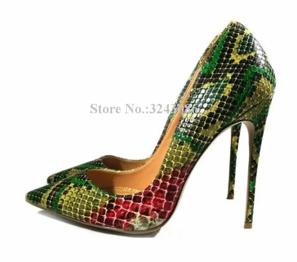 Pointed Toe Snakeskin Python Basic Thin High Heel Pumps Brown Green Fashion Sexy Party Banquet Shoes Fashion Single Shoes