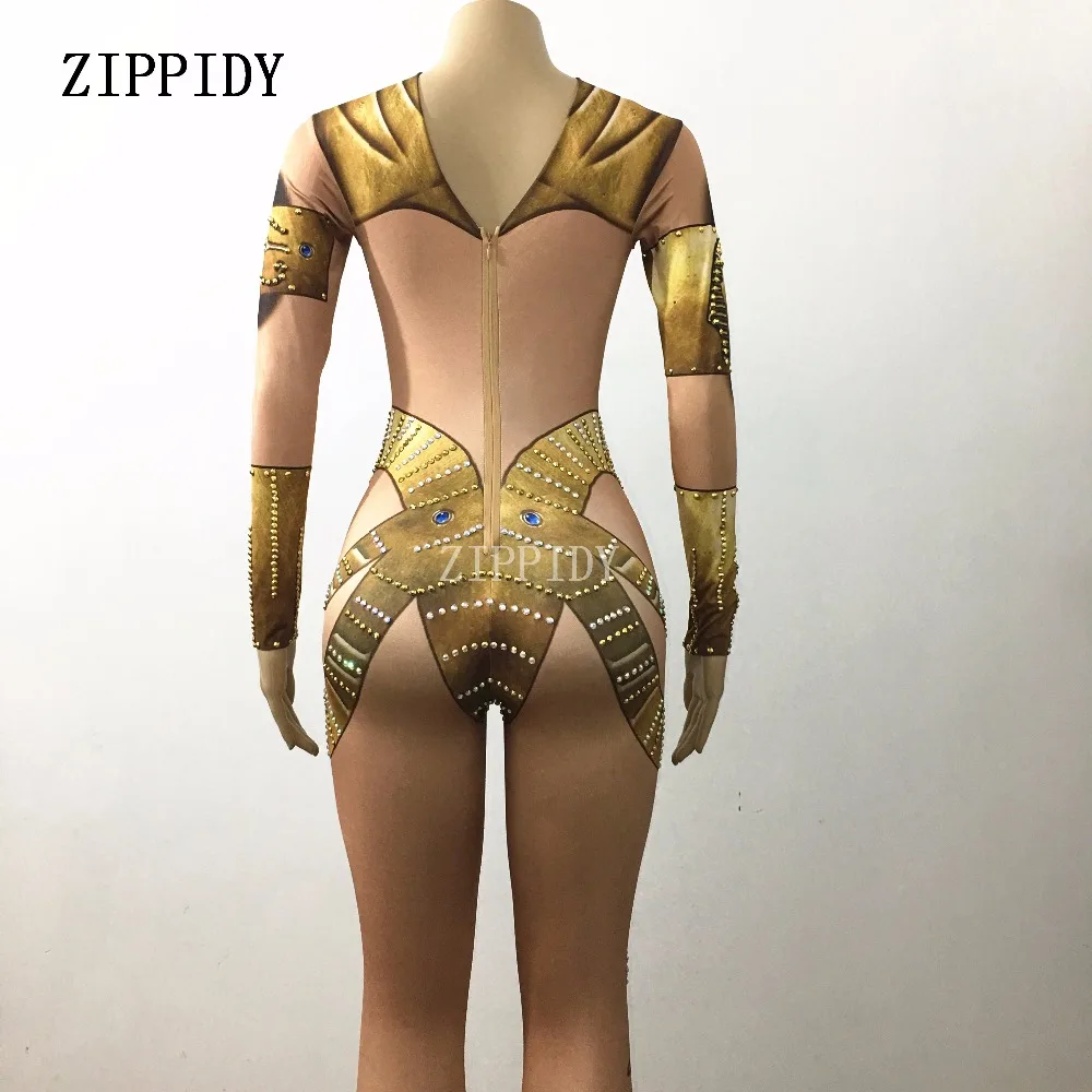 Sparkly Gold Jumpsuit ชุดเครื่องแต่งกาย Rhinestones อินเดีย Bodysuit Nightclub Stage เต้นรำแสดง Rompers ใหญ่ยืดเครื่องแต่งกาย