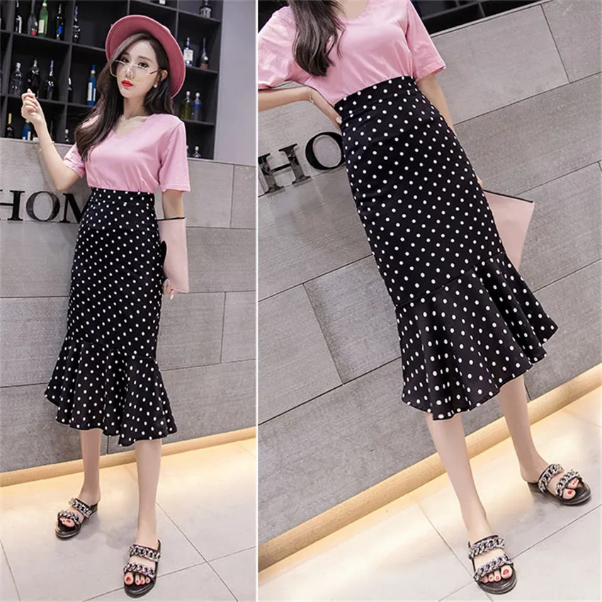 Gowyimmes 2019 Summer Women Black Dot Chiffon Skirt Elegant Lady High Waist Mermaid Skirts Slim Midi Long Hip Pakadge Skirt 340