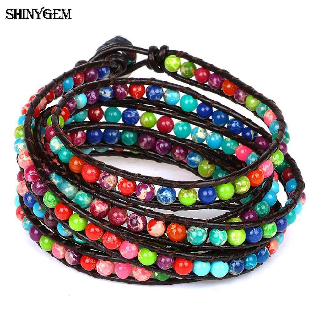 

Trendy 4mm Round Colored Gem Stone Loose Bead Bracelet For Women Multilayer Braided Leather Wrapped Around The Wrist