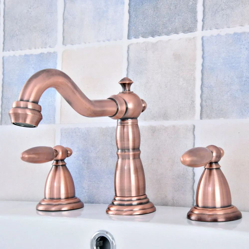 Antique Red Copper Double Handle Basin Faucet Deck Mounted Bathroom Tub Sink Mixer Taps Widespread 3 Holes zsf534