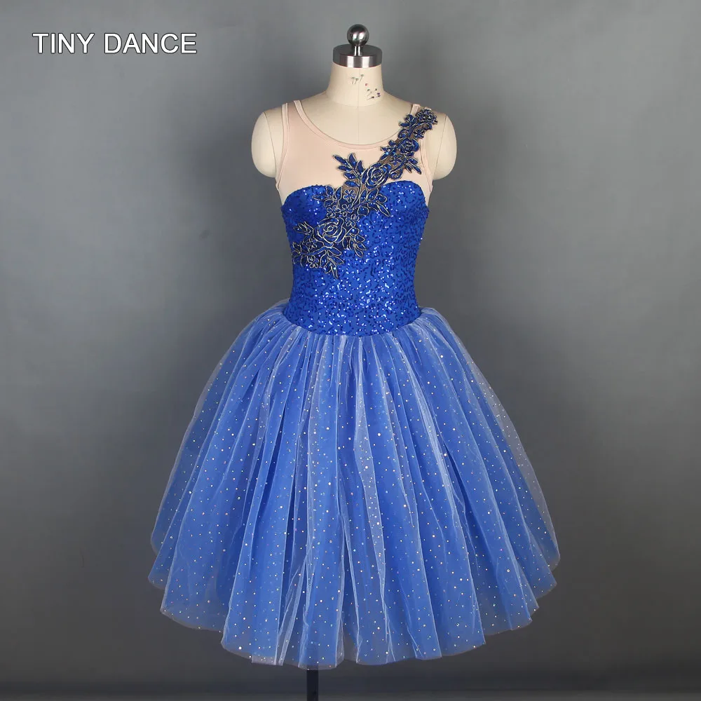 Vestido de lentejuelas brillantes para niño y adulto, tutú de Ballet romántico azul brillante, traje de espectáculo de escenario, vestido de baile