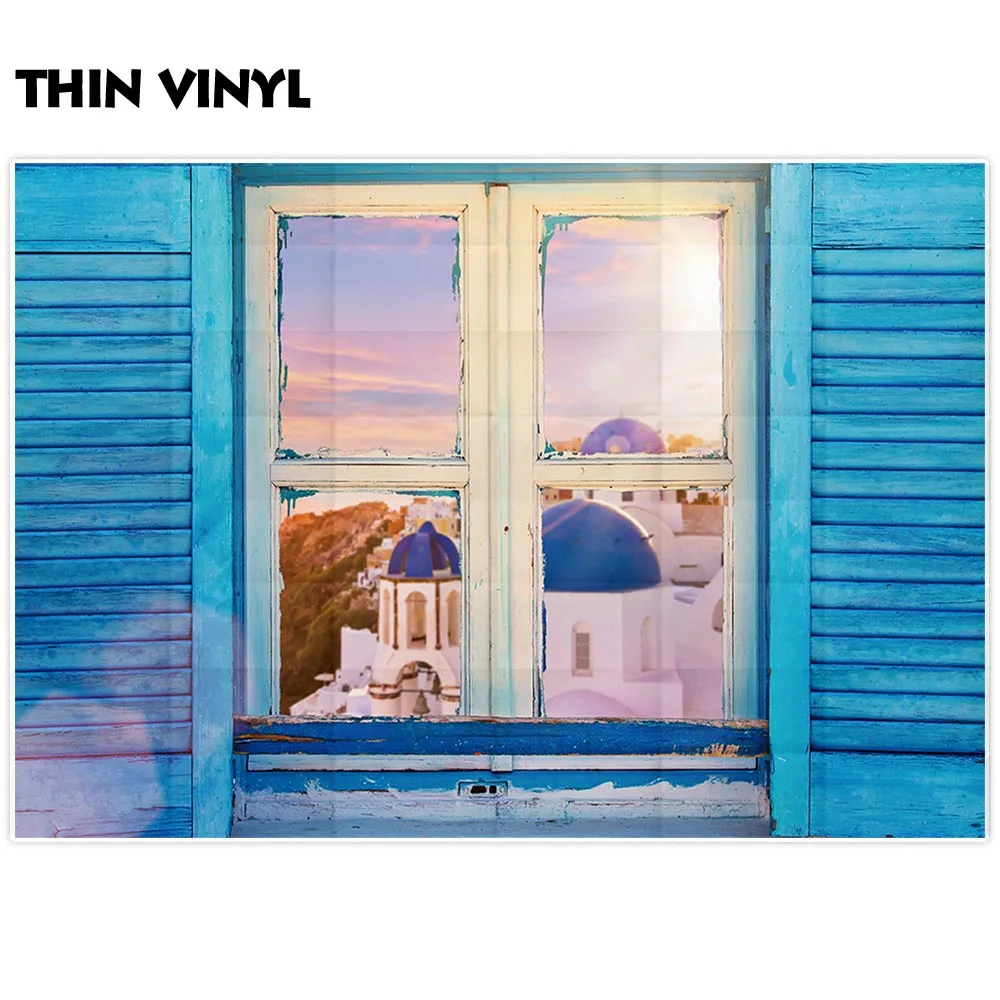 Allenjoy 写真の背景ギリシャ窓ブルーシャッター風景の背景の写真撮影の小道具 photocall photobooth 生地