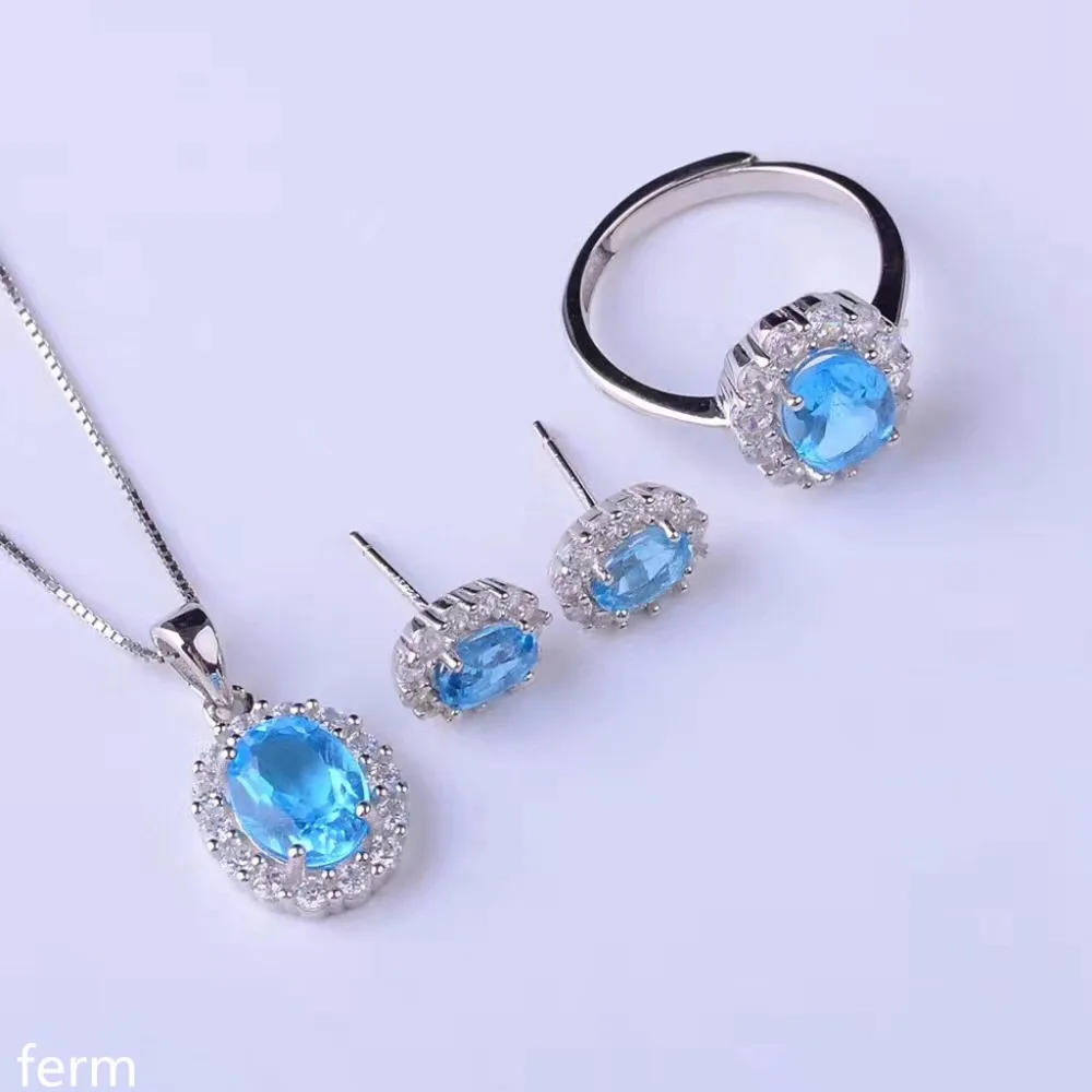 

KJJEAXCMY boutique jewels 925 Pure silver set with natural blue topaz ring pendant ear stud simple gem dandelion goddess