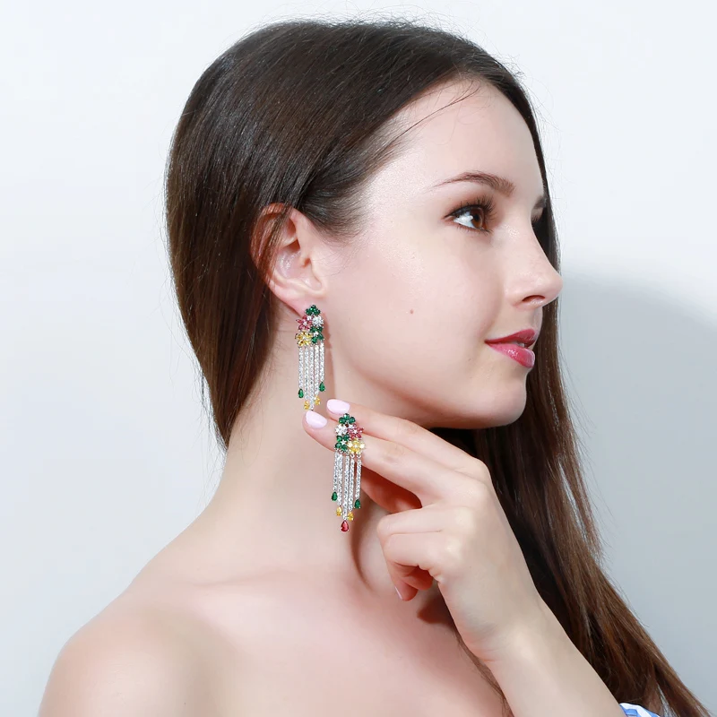 CWWZircons Noble Multi Color Flower Dangling CZ Stone Long Big Tassel Drop Earring for Women Luxury Cubic Zirconia Jewelry CZ046