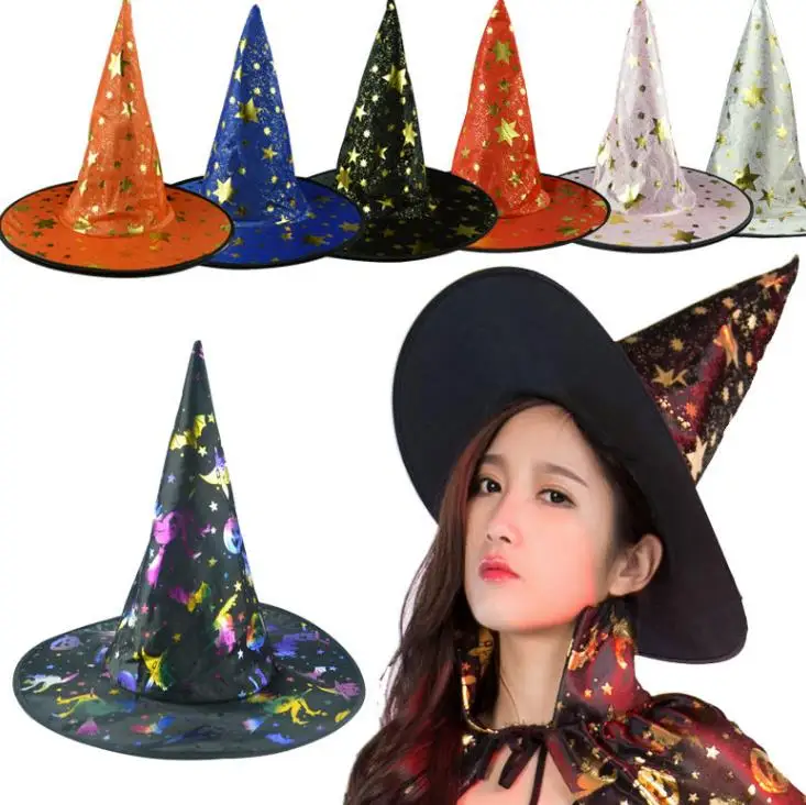 Witch Pointed Cap Colorful Star Print Halloween Costume Party Hats Women Men Halloween Costume Accessory Devil Cap