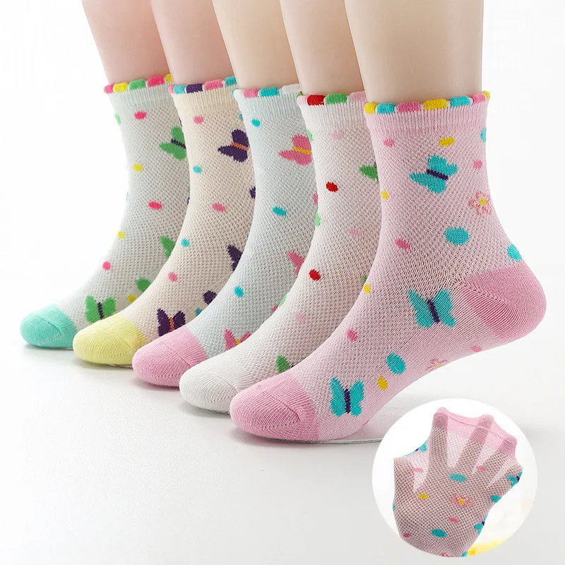 2024 New Spring Summer 5 Pairs Girls Socks Mesh Cotton Bow Beautiful Wavy Mesh Breathable Socks Kids Socks For Girls 3-15 Year